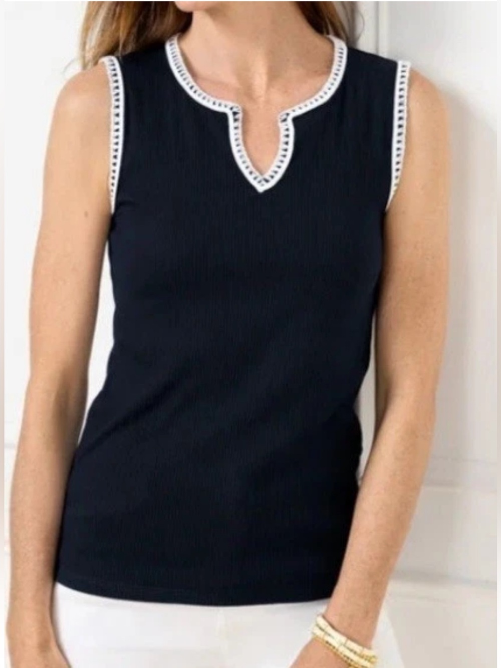 NWT Talbots Whipstitch Embroidered Trim Tank Top, Navy & White, Size Small